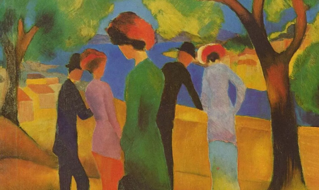 Portret expresionist al unei femei în jachetă verde, pictat de August Macke în 1913, cu culori vibrante și compoziție echilibrată.