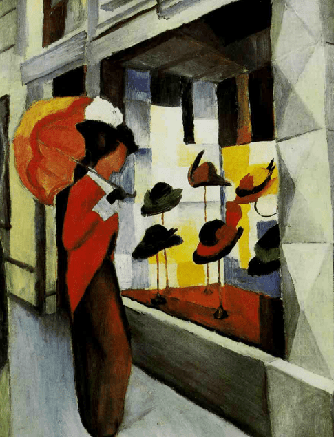 August Macke – Woman with Parasol in front of Milliner's Shop: Femeie cu umbrela în fața unui magazin de pălării, în stil expresionist cu culori calde și compoziție luminoasă.