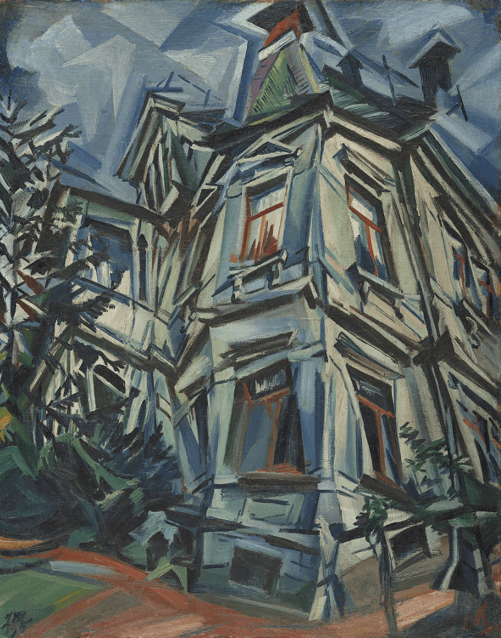 Ludwig Meidner – The Corner House: Pictură expresionistă cu o clădire colț, contururi distorsionate și culori intense, evocând o atmosferă urbană tensionată.