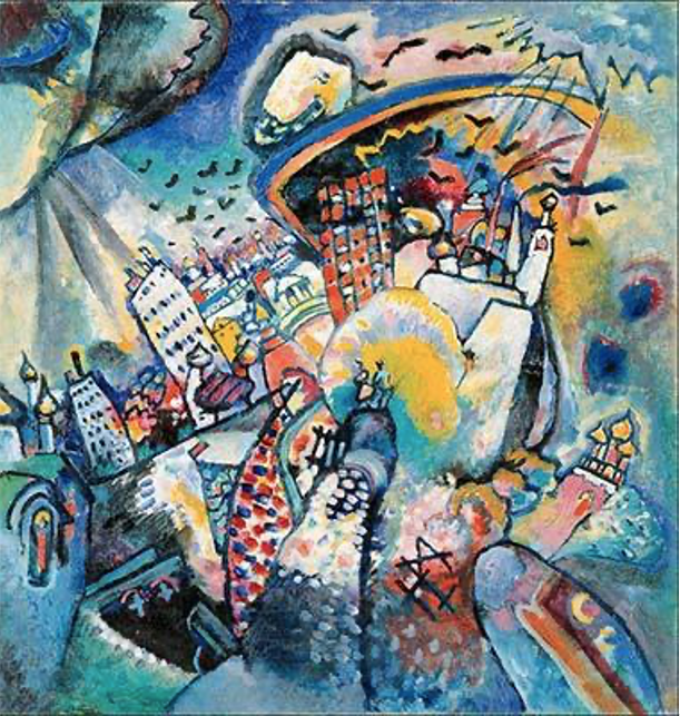Pictură abstractă de Wassily Kandinsky intitulată ‘Moscow I (Red Square)’, cu forme geometrice și culori vibrante, care evocă atmosfera Pieței Roșii din Moscova.