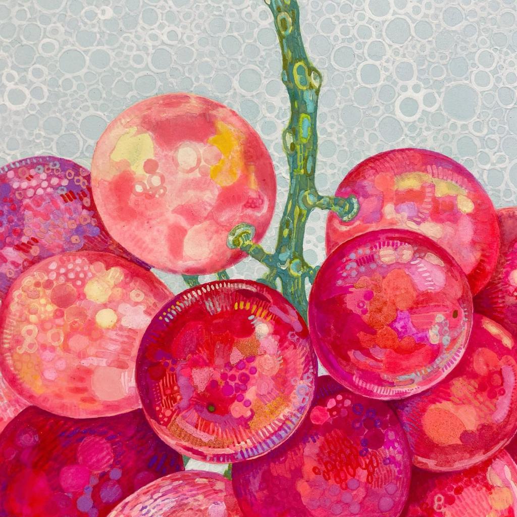 Pictură japoneză Nihonga de Yuko Kurihara, cu fructe și legume stilizate și pattern geometric mic