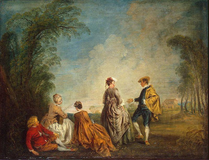 Jean-Antoine Watteau Propunere jenantă, 1715–1716, ulei pe pânză, Muzeul Ermitaj, Sankt Petersburg