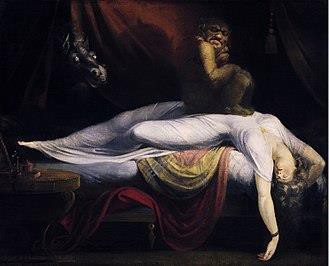 Coșmar nocturn cu femeie adormită și incubus așezat pe piept, atmosferă gotică