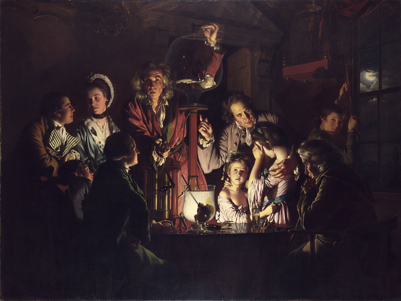 Experiment cu o pasăre într-o pompă de aer, 1768, ulei pe pânză, 183 × 244 cm, National Gallery, Londra