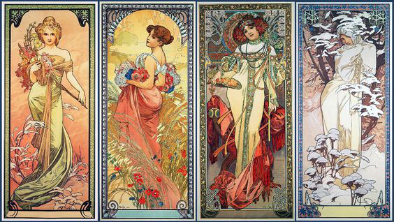 Serie Art Nouveau cu figuri feminine alegorice, integrate în motive florale și decorative.