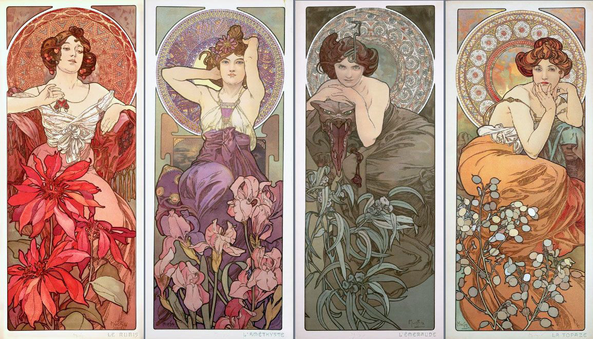 Serie decorativă cu figuri feminine asociate culorilor pietrelor prețioase.