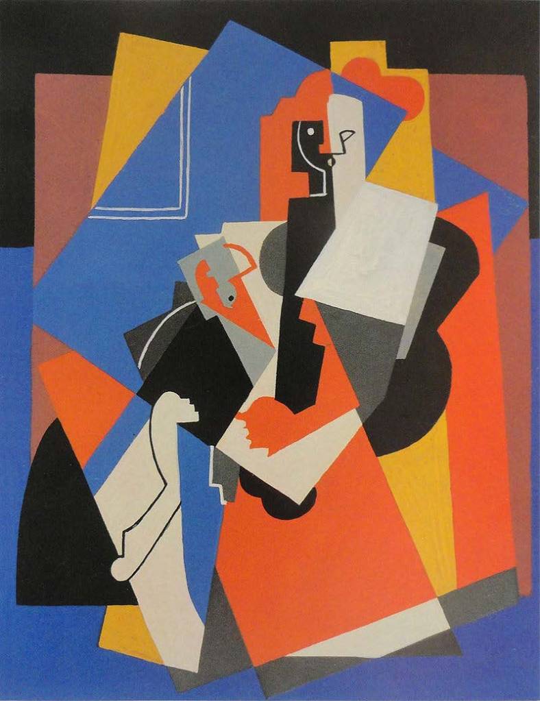 Pictură cubistă de Albert Gleizes înfățișând siluetele stilizate ale unei femei și ale unui copil, compuse din forme geometrice suprapuse și culori vibrante de albastru și portocaliu.