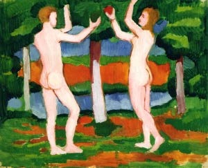 Pictură expresionistă de August Macke înfățișându-i pe Adam și Eva ca figuri nude stilizate într-o grădină cu arbori redați prin benzi verticale de culoare verde, albastru și portocaliu.