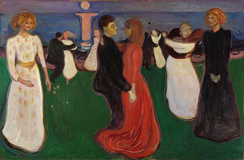 Pictură simbolistă de Edvard Munch reprezentând mai multe cupluri dansând pe o pajiște verde la malul mării, cu trei figuri feminine centrale în rochii albă, roșie și neagră.