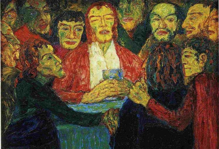 Pictură expresionistă de Emil Nolde reprezentând Cina cea de taină, cu figuri de apostoli cu fețe galbene și verzi înghesuite în jurul lui Iisus îmbrăcat în roșu.