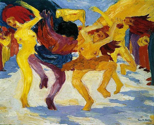Pictură expresionistă de Emil Nolde înfățișând figuri umane dansând sălbatic în jurul unui vițel de aur, folosind culori vibrante de galben, roșu și albastru.