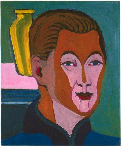 Autoportret expresionist de Ernst Ludwig Kirchner prezentând chipul artistului în planuri de culoare roz, maro și portocaliu pe un fundal verde vibrant.