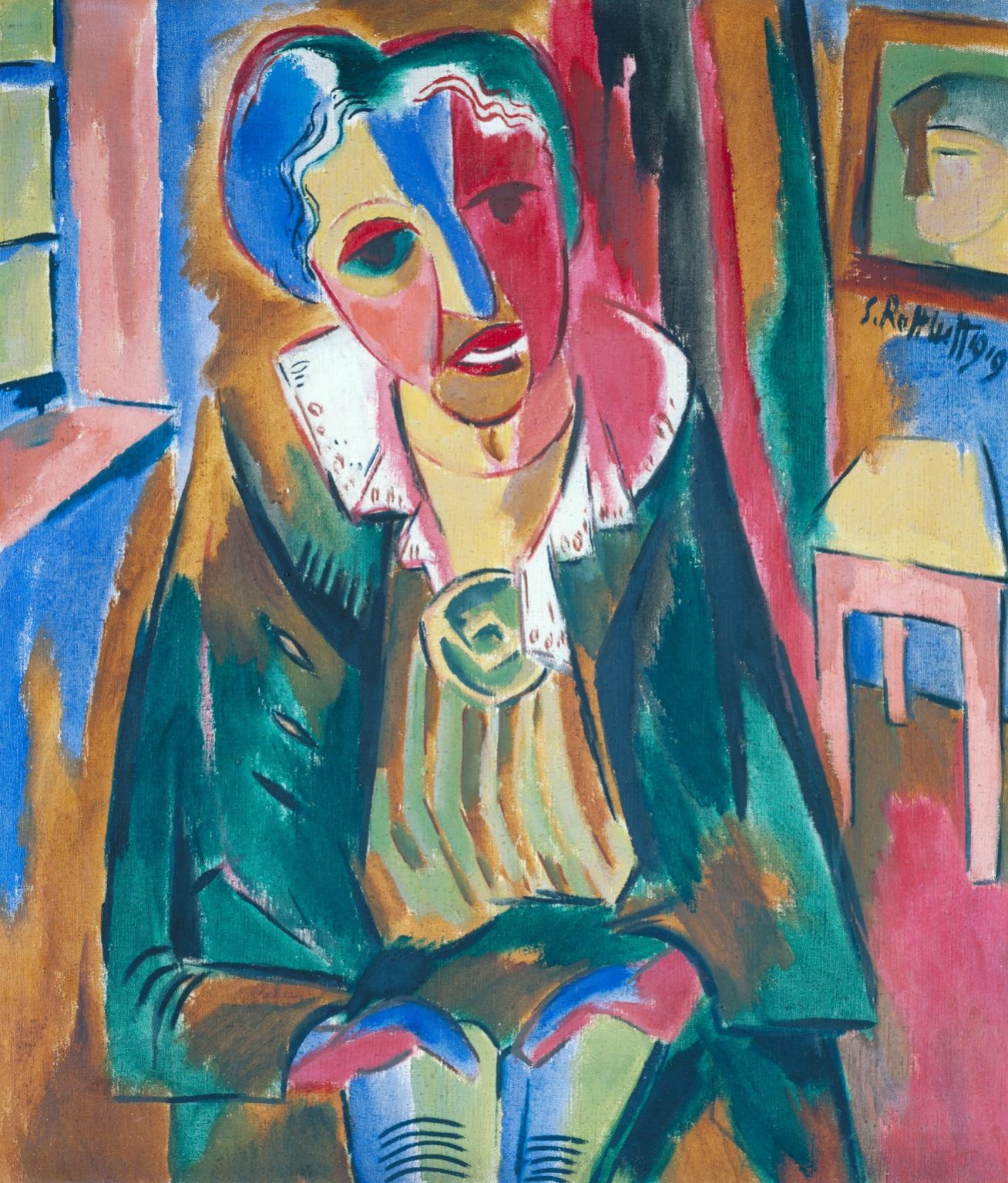 Portret expresionist de Karl Schmidt-Rottluff reprezentând-o pe Rosa Schapire prin planuri de culoare contrastante (roșu, albastru, verde) și trăsături ascuțite, geometrice.