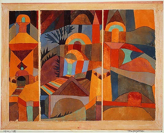 Pictură abstractă de Paul Klee intitulată „Grădinile templului”, prezentând forme geometrice colorate ce sugerează o arhitectură orientală, organizate în trei panouri verticale.
