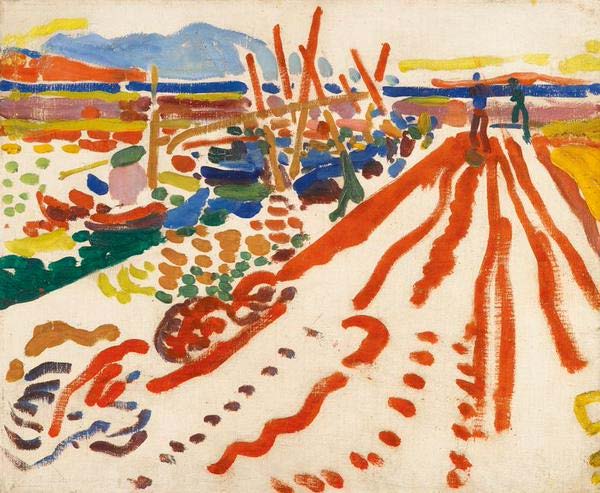 Peisaj fauvist de André Derain reprezentând debarcaderul din satul L'Estaque, pictat prin linii și forme geometrice simple în culori vii, non-naturaliste și plate, fără profunzime tridimensională.