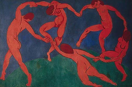 Celebra pictură modernă Dansul de Henri Matisse, ilustrând cinci siluete umane nud de culoare roșie care dansează în cerc pe un deal verde pe fundalul unui cer albastru închis.