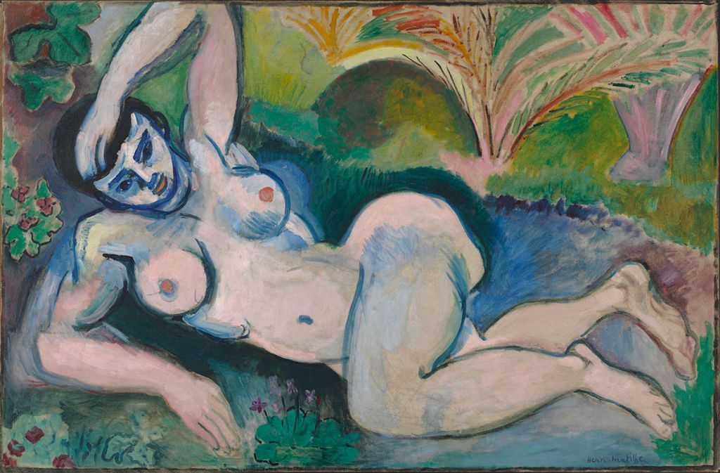 Alt text (Alternative Text): Pictură fauvistă de Henri Matisse intitulată Bucuria de a trăi, reprezentând nuduri feminine și masculine care dansează în cerc sau se relaxează într-o pădure cu linii fluide și culori ireale, vibrante de galben, portocaliu și roz.