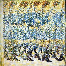 Pictură futuristă de Giacomo Balla compusă din puncte și pătrate colorate care redau mișcarea secvențială a unei fete alergând pe un balcon.